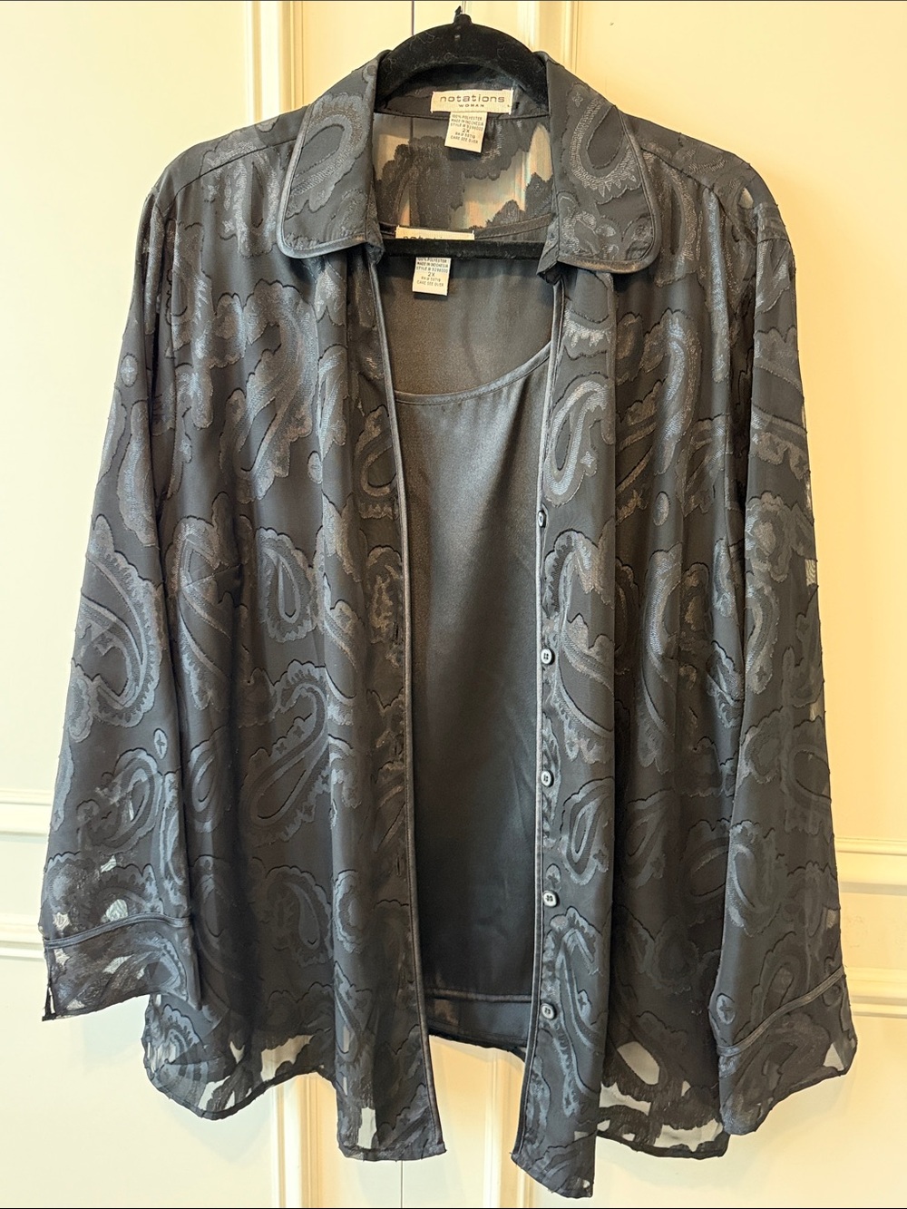 Notations Black Paisley Sheer Button-Front Shirt with Tank
